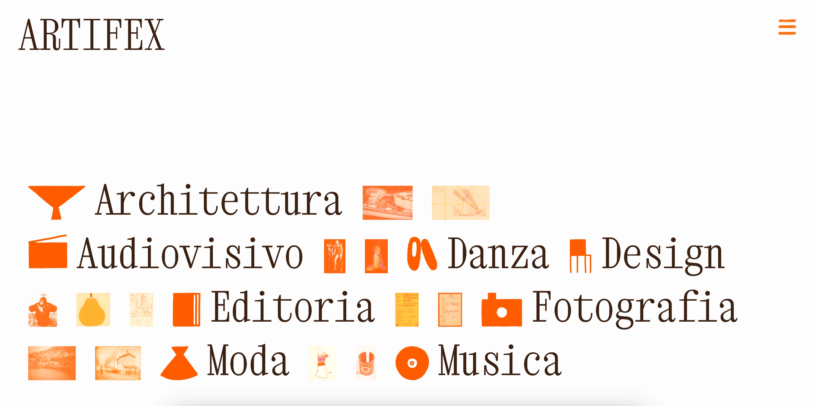 Screen del sito - scelta ambiti culturali e creativi