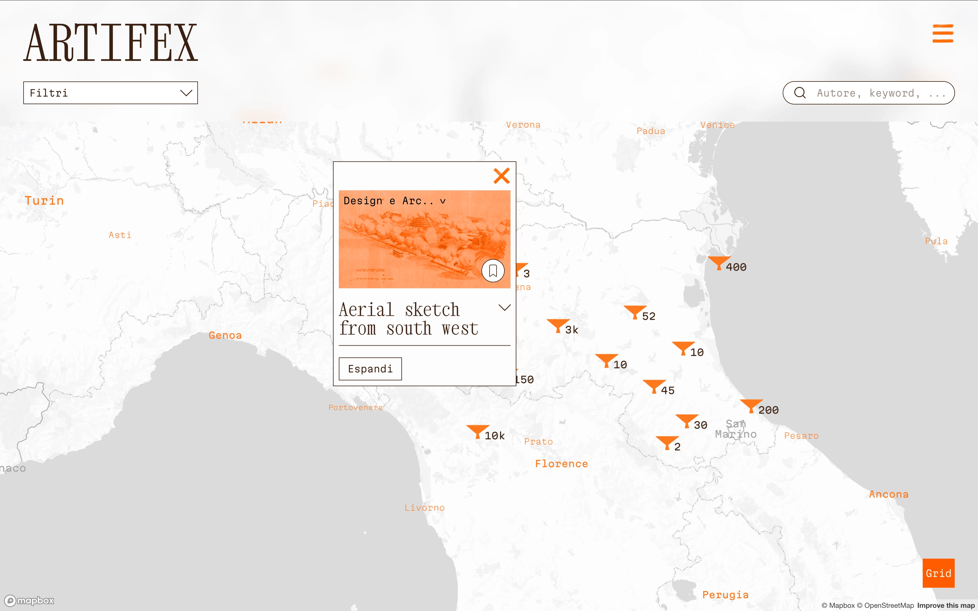 Screen del sito - Visualizzazione su mappa degli artefatti