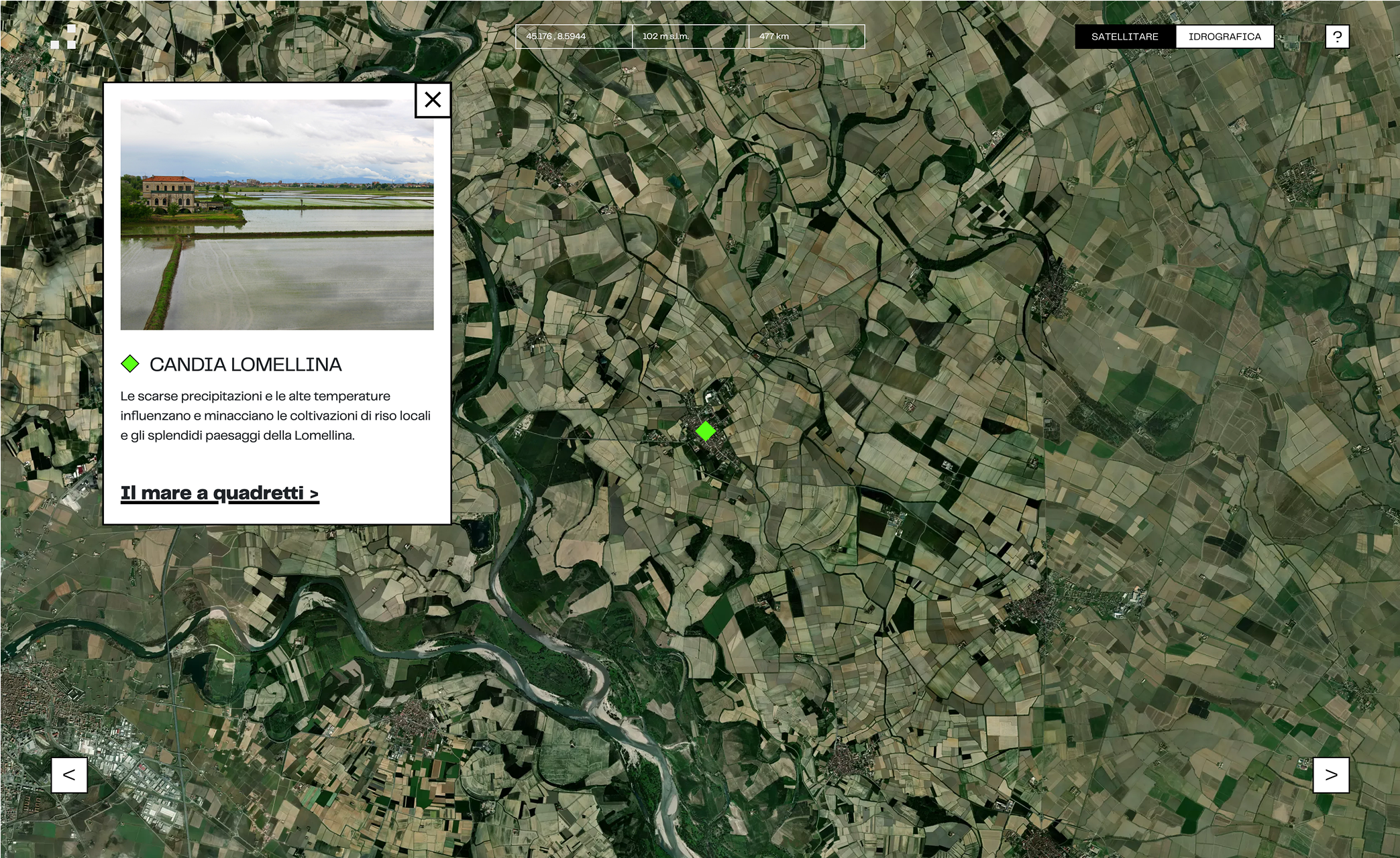 Screen del sito - interfaccia di navigazione con mappa del fiume Po